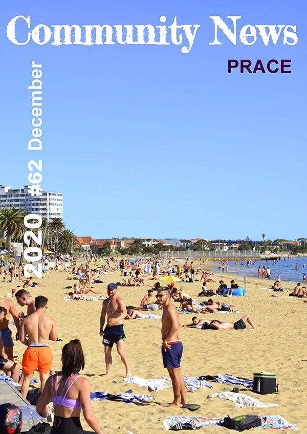 Cover image of Prace Community News December 2020. Featuring a photo of St Kilda beach with people on sand and swimming.