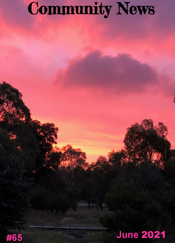 Cover of Community News June 2021 showing a beautiful pink sunset with gum trees in the foreground.