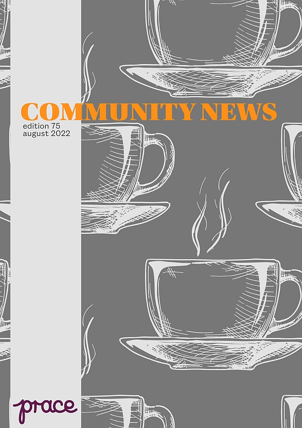 A greyscale pattern of hand drawn coffee cups creates the cover of usse 75. Community News is written in orange text over the image.
